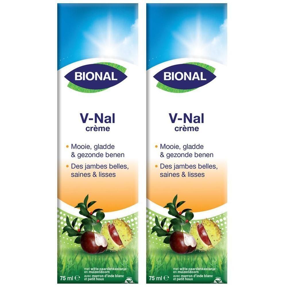 Deux tubes de Bional V-Nal crème. Emballage bleu et blanc avec nom du produit et illustration de marronnier.
