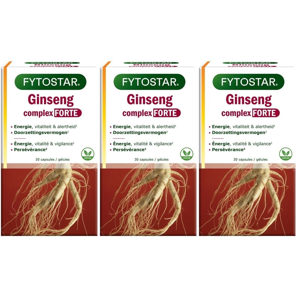 Drie dozen Fytostar Ginseng Complex Forte. Opschrift: Energie, vitaliteit & alertheid. 30 capsules. Vegan keurmerk.