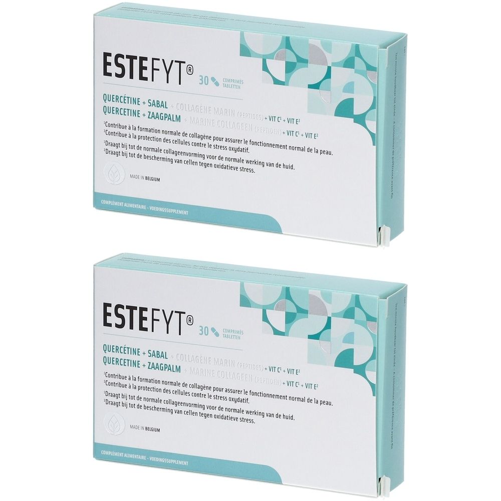 Twee rechthoekige dozen. Opschrift ESTEFYT®, ingrediënten en tekst in meerdere talen. Turquoise en witte verpakking.