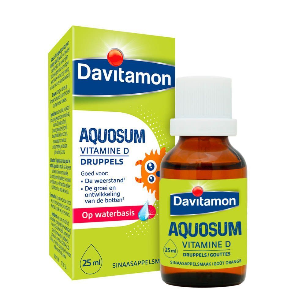 Davitamon Aquosum Vitamine D druppels, 25ml, sinaasappelsmaak, op waterbasis.
