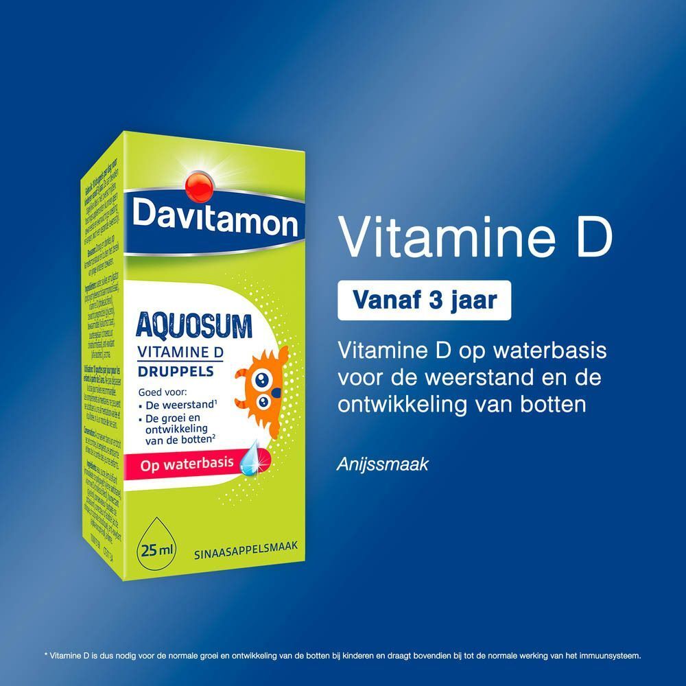 Davitamon AQuosum Vitamine D druppels, 25ml, op waterbasis, anijssmaak.