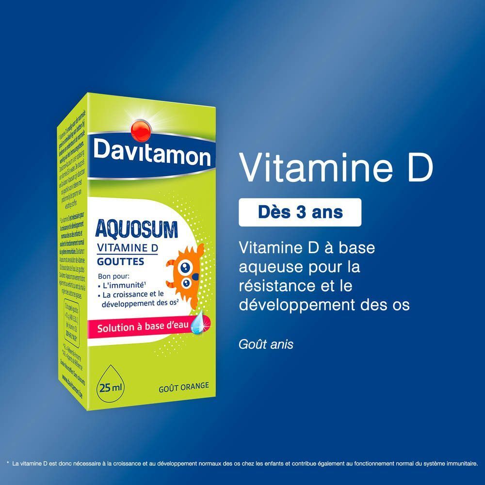 Boîte verte Davitamon Aquosum Vitamine D gouttes, 25ml, goût orange.
