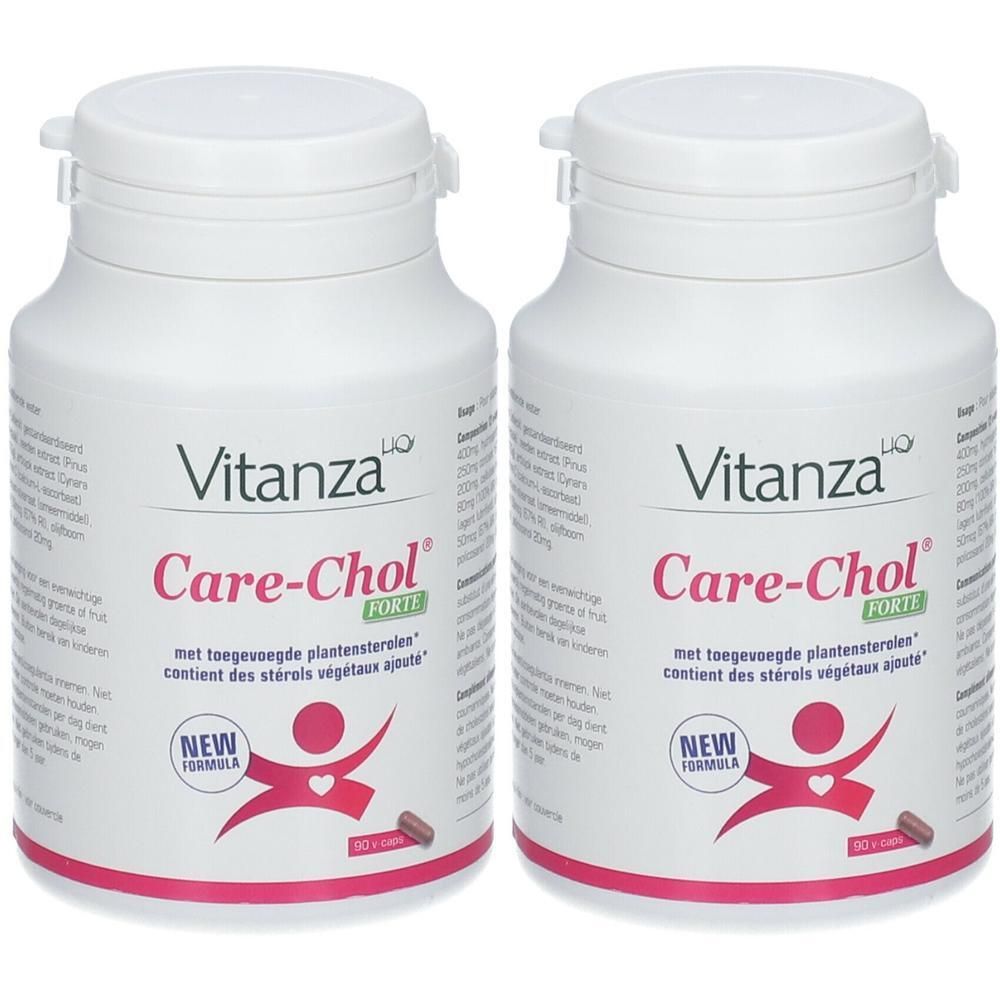Twee witte flessen met etiketten. Opschrift: Vitanza Care-Chol Forte. Bevat plantaardige sterolen. 90 capsules.