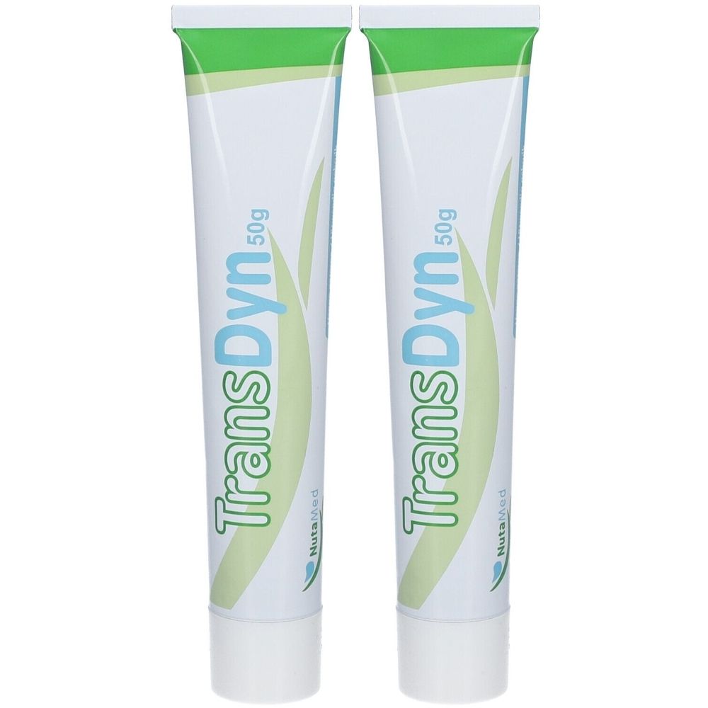 Twee tubes met witte achtergrond. Op elke tube staat "TransDyn" en "50g". Groen-blauwe decoratieve elementen.