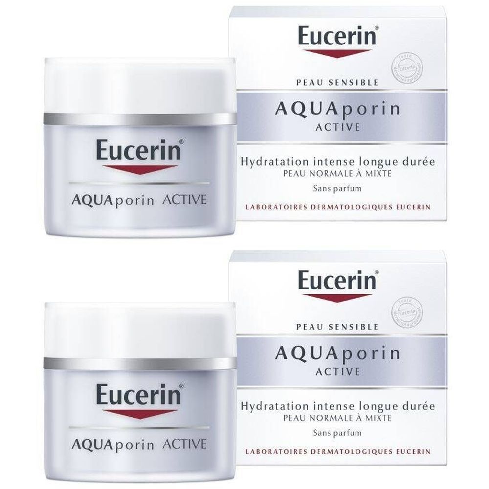 Deux pots de crème et emballages. Inscription: Eucerin AQUAporin ACTIVE, Hydratation intense longue durée, Peau Normale à Mixte.