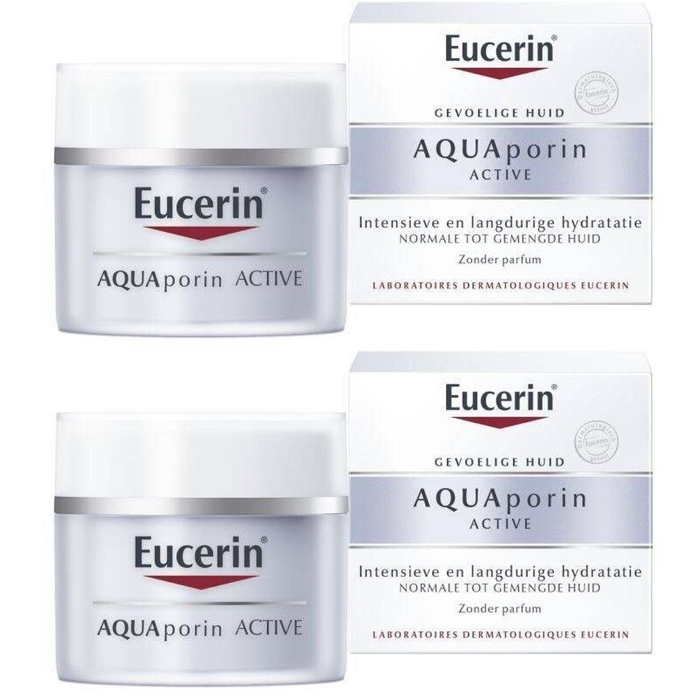 Twee crèmepotten en verpakkingen. Opschrift: Eucerin AQUAporin ACTIVE, Intensieve en langdurige hydratatie, Normale tot gemengde huid.