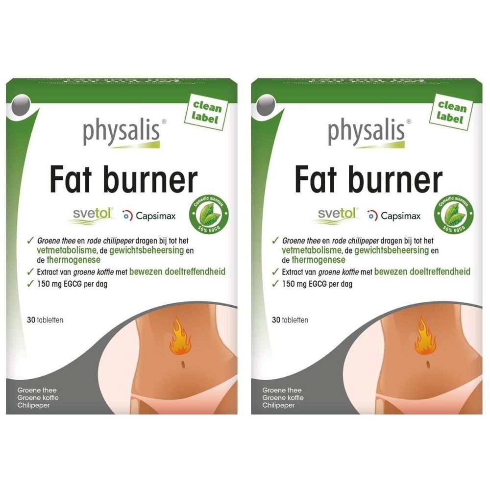 Twee verpakkingen Physalis Fat Burner. Opschrift: Svetol, Capsimax. Bevat 30 tabletten. Met groene thee en rode peper.
