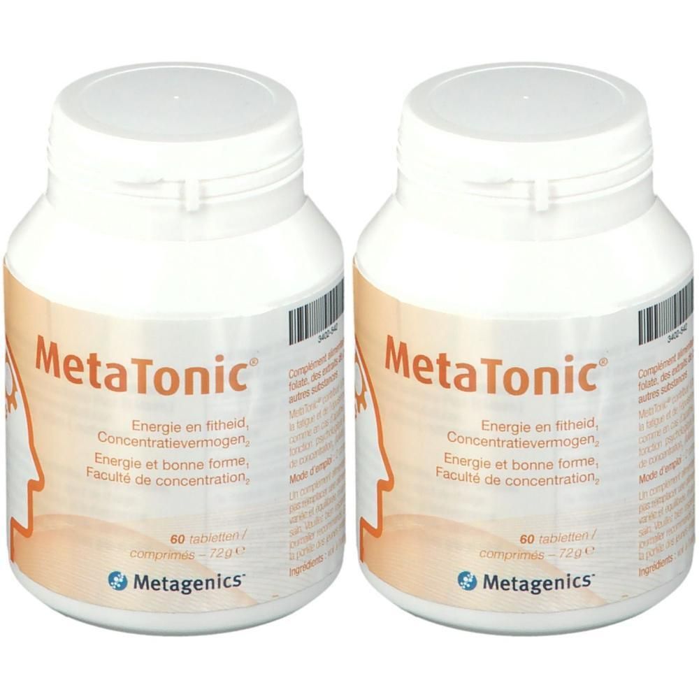 Twee witte flessen met MetaTonic labels. Elke fles bevat 60 tabletten. Metagenics logo onderaan.