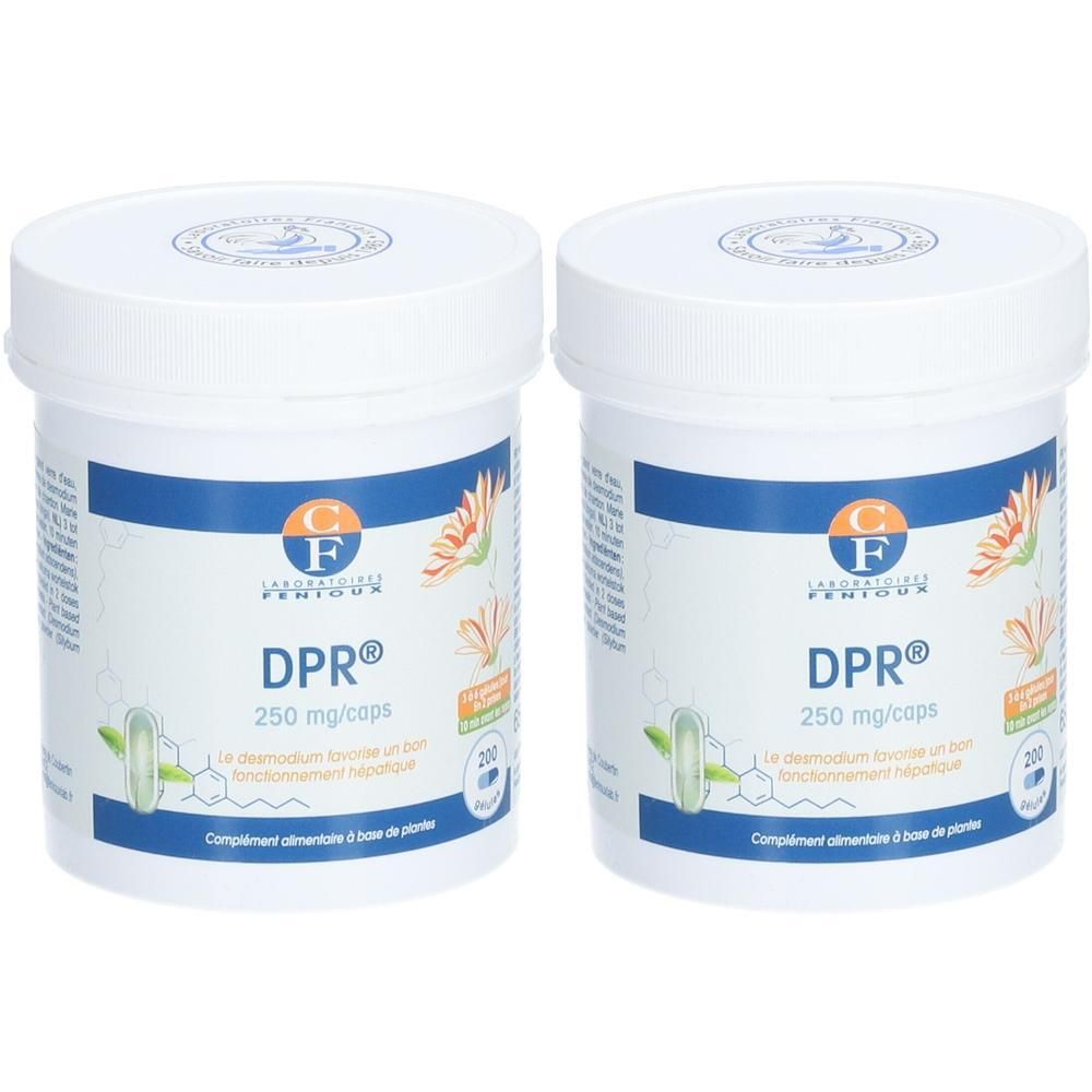 Twee witte potten met blauwgroene etiketten. Opschrift DPR®, 250 mg/caps, 200 capsules. Laboratoires FENIOUX.