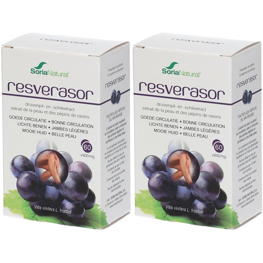 Deux boîtes de « resverasor » de Soria Natural. Inscriptions : raisins, 60 gélules, ingrédients. Fond blanc.