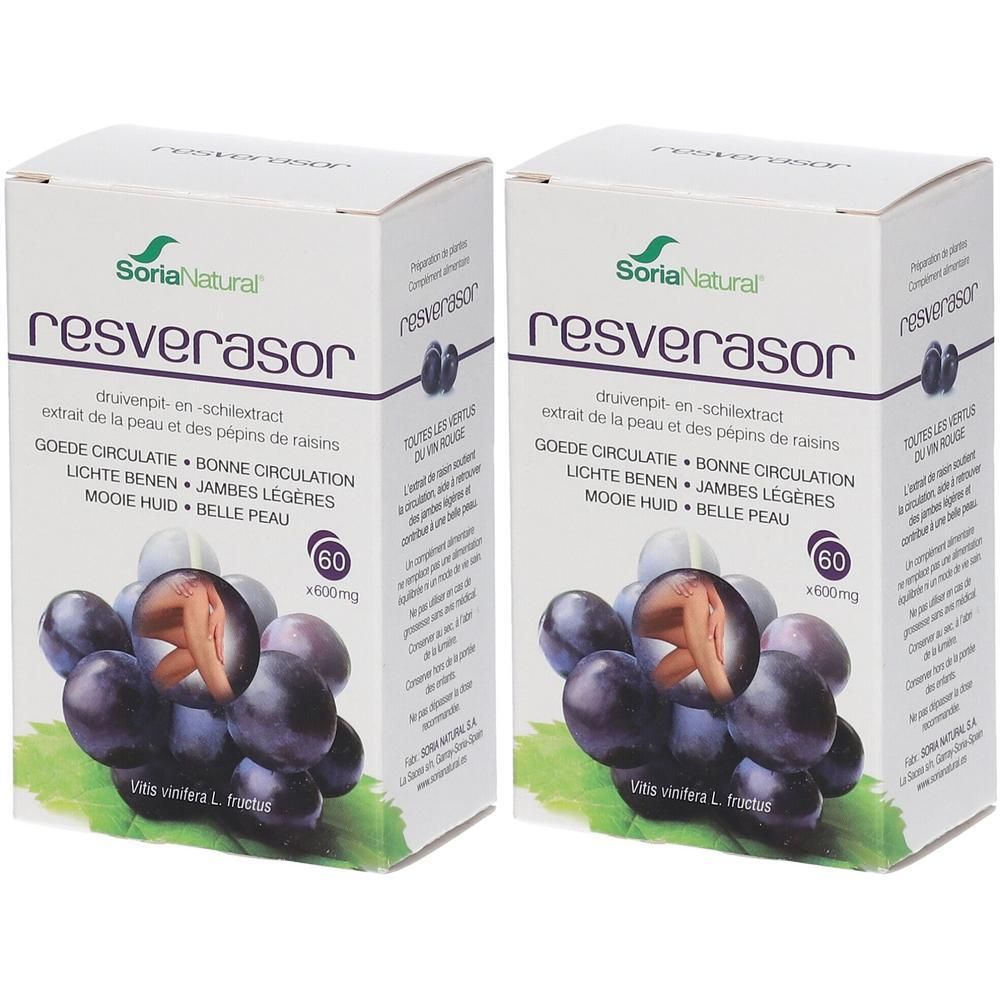 Deux boîtes de Soria Natural Resverasor. Inscription: Resverasor, 60 gélules, extrait de raisin. Illustration de raisins.