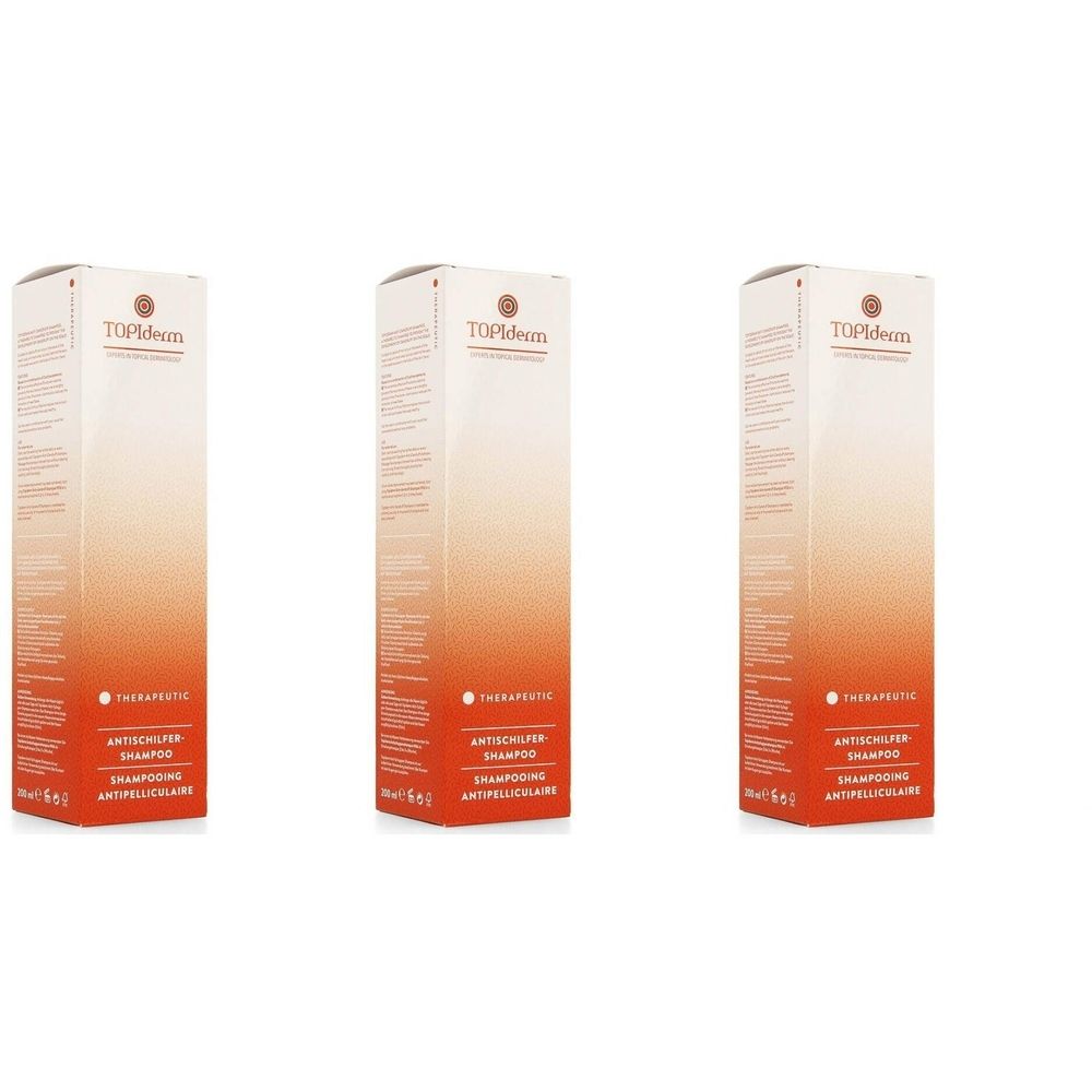 Drie shampoo dozen. Wit-oranje verpakking met productinfo en logo. Tekst: Anti-roos shampoo.