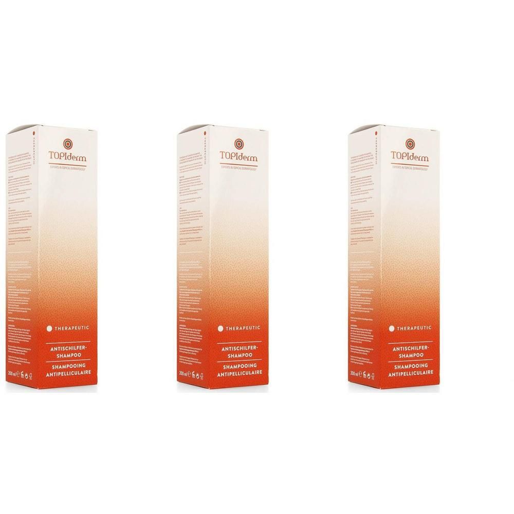 Drie dozen Topiderm Anti-roos Shampoo. Wit-oranje verpakking met productinformatie.