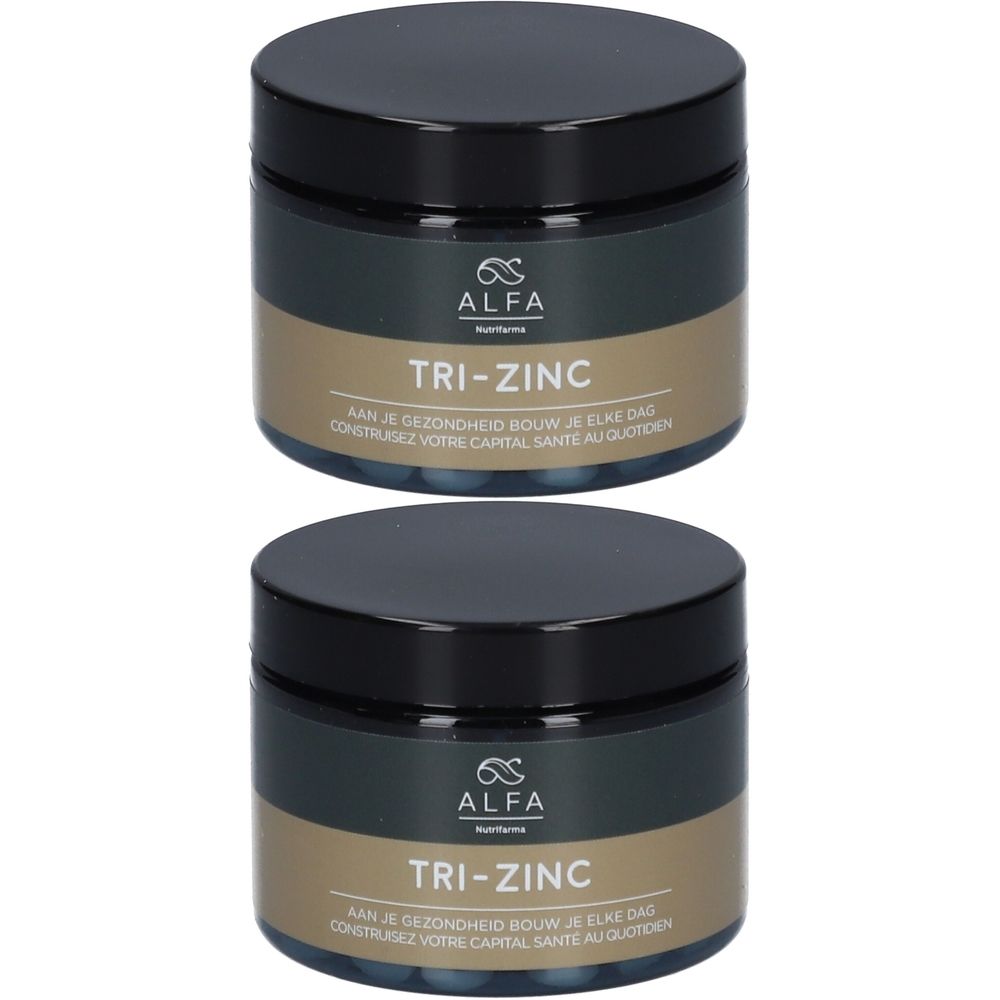 Deux pots noirs avec couvercles. L'étiquette indique "ALFA TRI-ZINC". Texte en néerlandais et français en dessous.