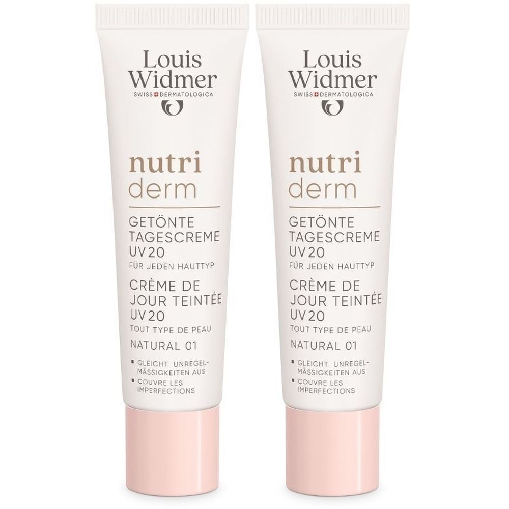 Deux tubes de crème de jour Louis Widmer Nutriderm. Blanc, texte imprimé, bouchon rose. UV20, Natural 01.