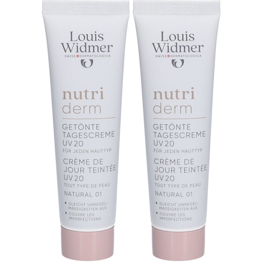 Twee tubes Louis Widmer Nutriderm Getinte Dagcrème UV20 Natural 01. Witte tubes met tekst en roze dop.