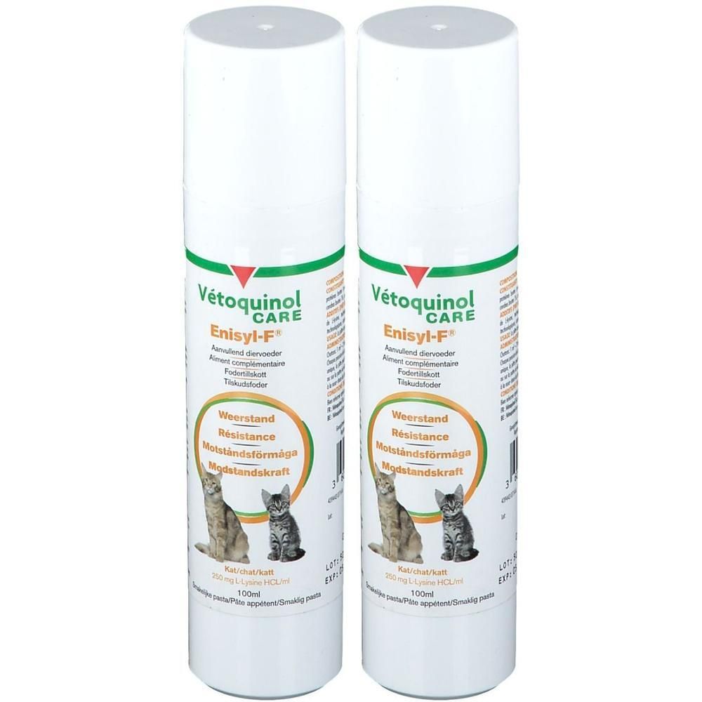 Twee witte flessen Enisyl-F®. Opschrift: Vétoquinol Care, Enisyl-F®, afbeelding van katten. 100ml.