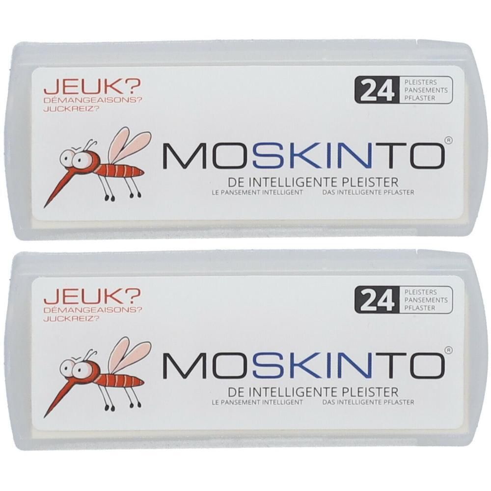 Deux boîtes de Moskinto, pansements intelligents, 24 pièces. Illustration de moustique, texte et point d'interrogation.