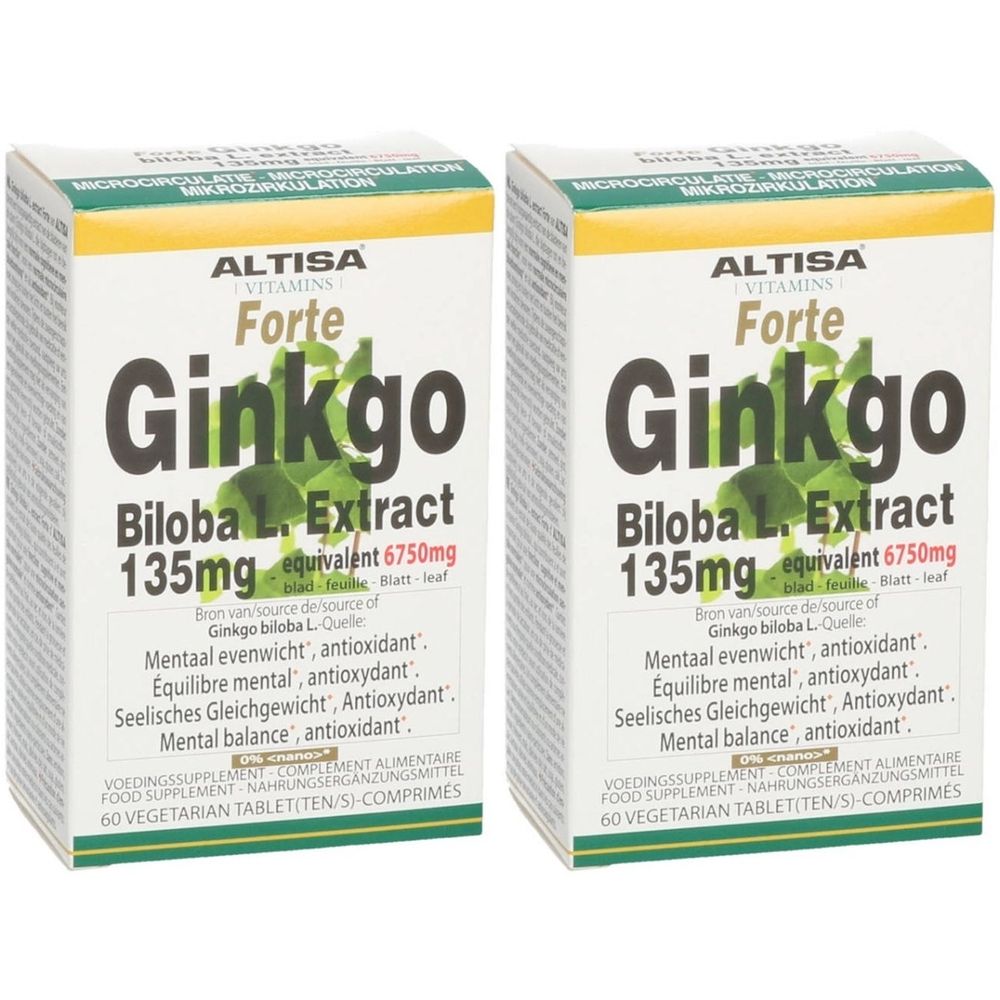 Deux boîtes d'Altisa Forte Ginkgo Biloba 135mg. Emballage blanc avec feuilles vertes et informations produit.