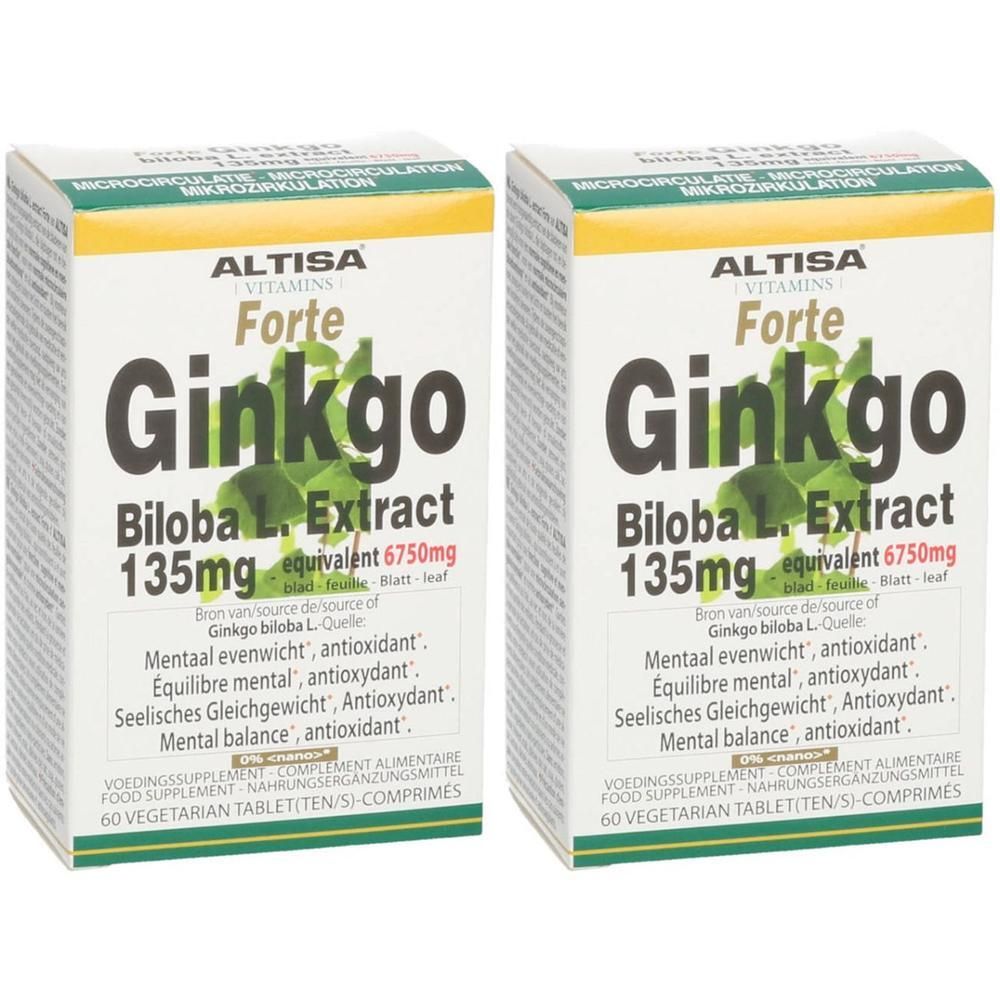 Deux boîtes d'Altisa Ginkgo Biloba Extract Forte. Emballage blanc avec texte vert et noir. Contient 60 comprimés.