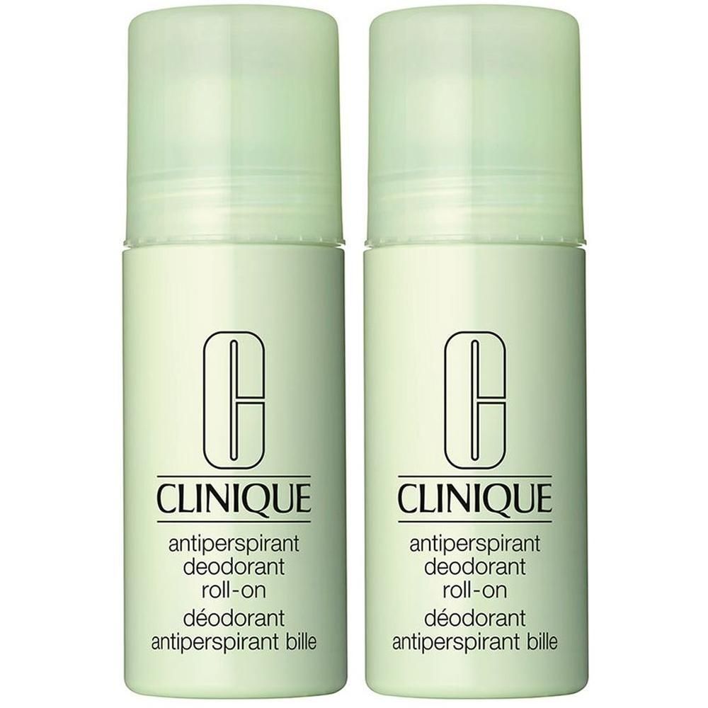 Deux déodorants roll-on CLINIQUE. Flacons vert clair avec texte blanc. Nom du produit et logo visibles.