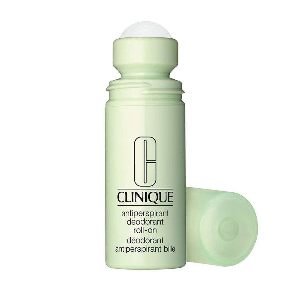 Un déodorant roll-on CLINIQUE, ouvert. Flacon vert clair avec texte blanc. Bouchon à côté.