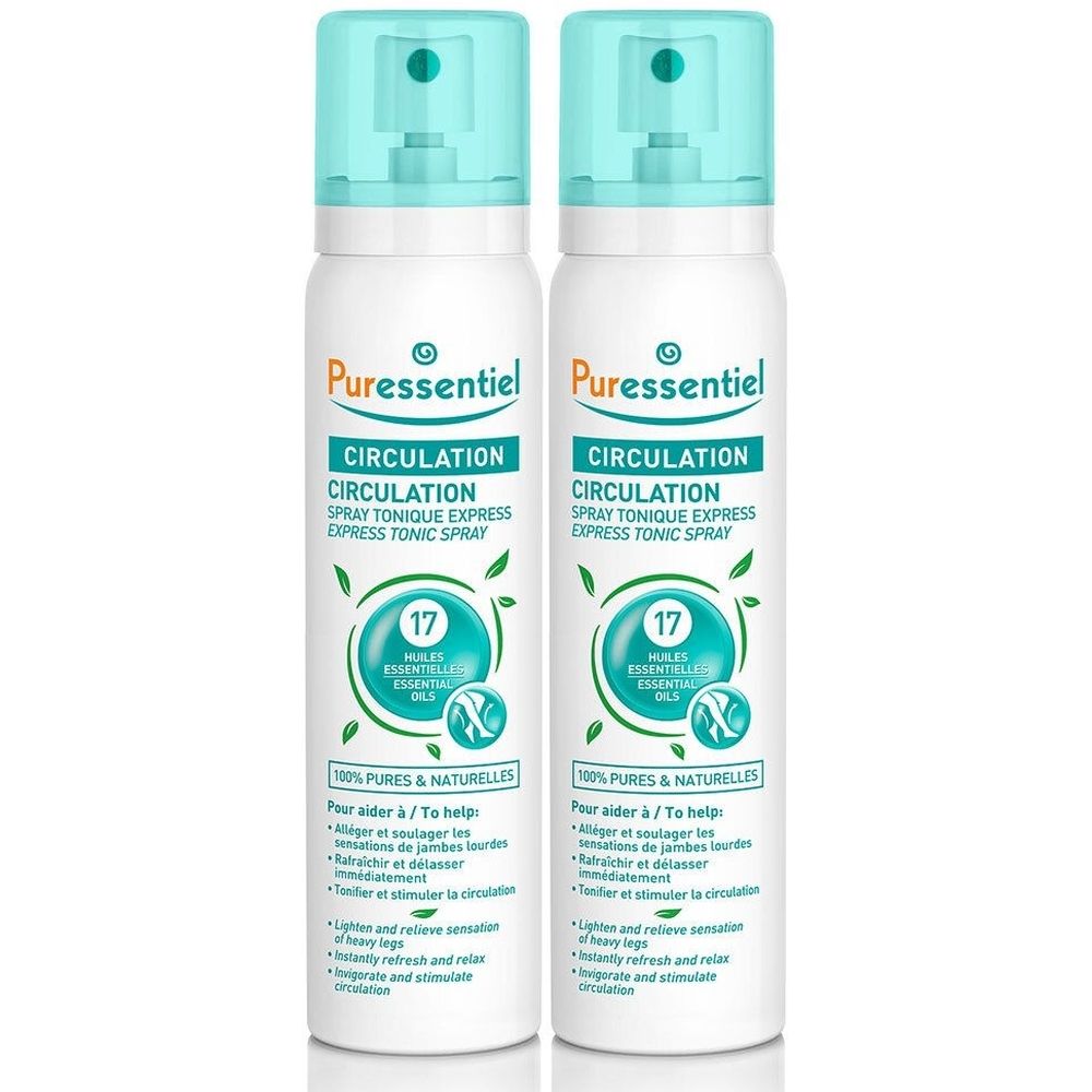 Twee witte spuitflessen met turquoise doppen. Opschrift: Puressentiel, CIRCULATION, 17 essentiële oliën.