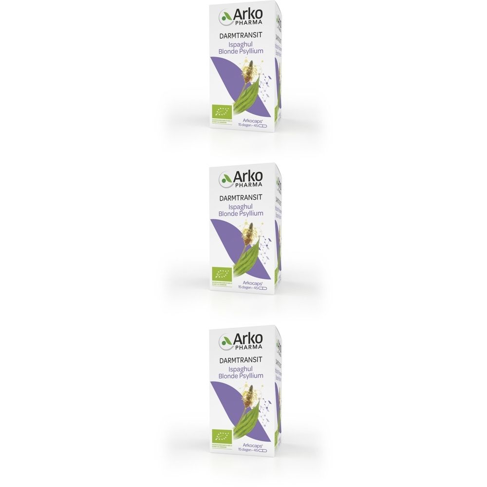 Drie dozen Arkocaps Ispaghul Psyllium Blond Bio. Witte dozen met paarse accenten en productinformatie.