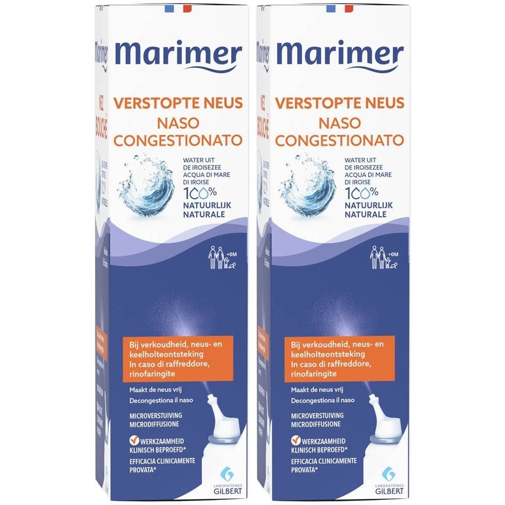 Twee verpakkingen Marimer neusspray. Witte flacons met sproeikop. Blauwe en oranje verpakking met productinformatie.