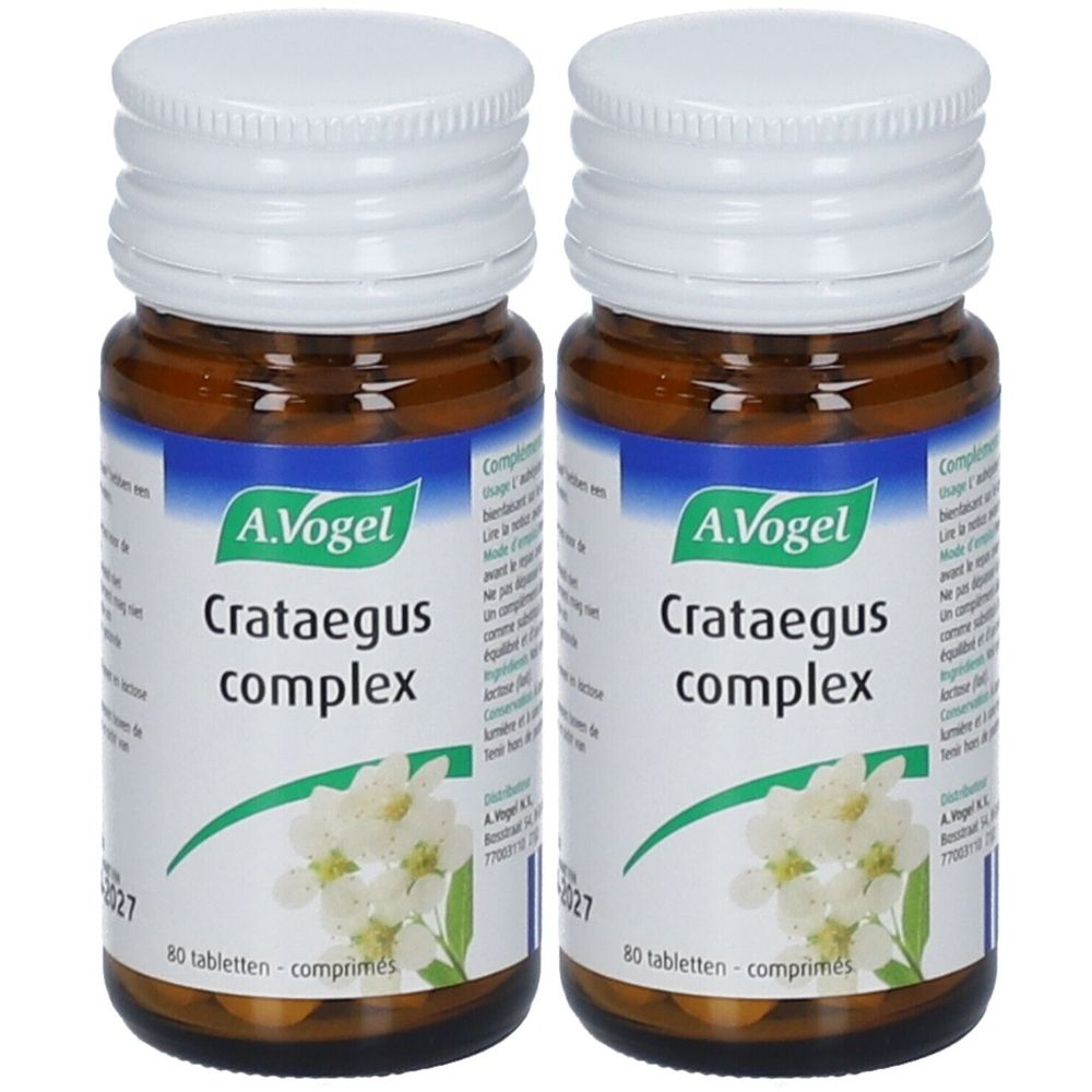 Twee flessen A.Vogel Crataegus complex tabletten. Bruine glazen flessen met witte doppen en etiketten.