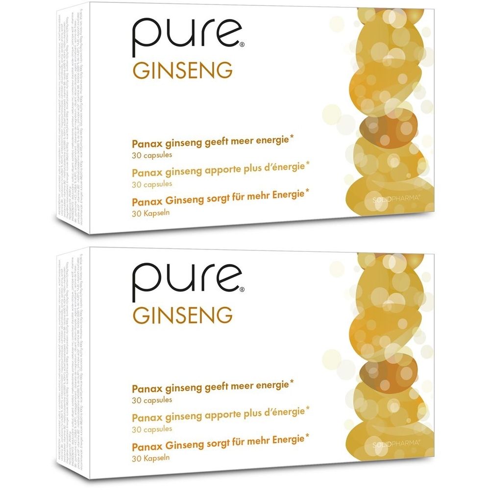 Twee dozen met "pure. GINSENG". Tekst in het Nederlands, Frans en Duits. Illustratie van gele vormen.