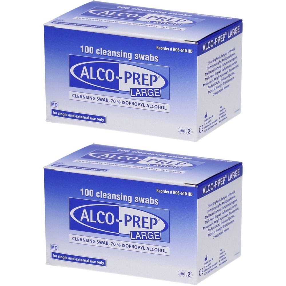 Deux boîtes de tampons nettoyants ALCO-PREP LARGE. Inscription : 100 tampons nettoyants, 70% alcool isopropylique. Pour usage externe.