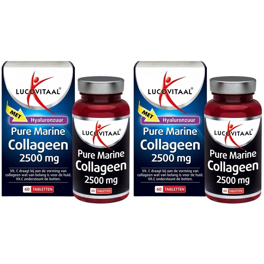 Twee dozen en twee flessen. Opschrift: Pure Marine Collageen 2500 mg. Merk: Lucovitaal. Bevat hyaluronzuur. 60 tabletten.