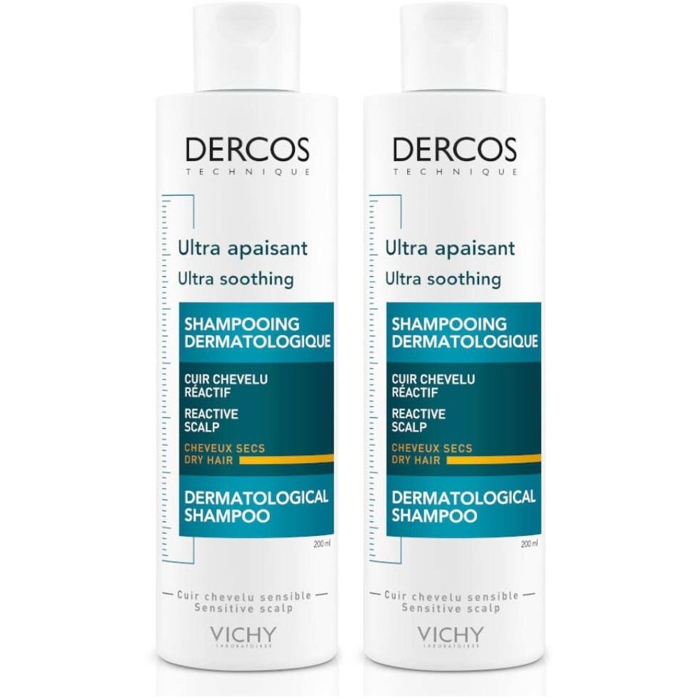 Deux flacons blancs de shampooing VICHY Dercos. Écriture bleue et noire. "Ultra apaisant" et "Dermatological Shampoo" sont visibles.