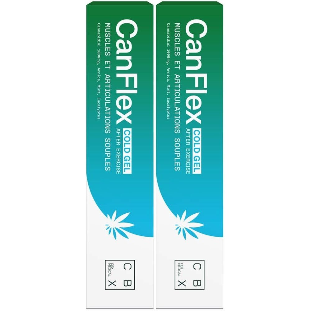 Deux boîtes de CanFlex Cold Gel. Emballage blanc, bleu et vert. Texte: Muscles et articulations souples, Cannabis, Arnica, Menthe, Eucalyptus.