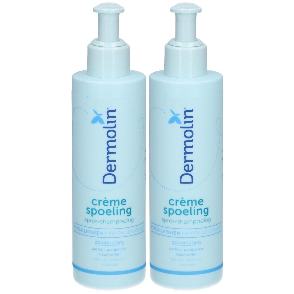 Twee lichtblauwe flessen met doseerpomp. Opschrift Dermolin, Crème Spoeling, après-shampooing. Zonder parfum, parabenen.