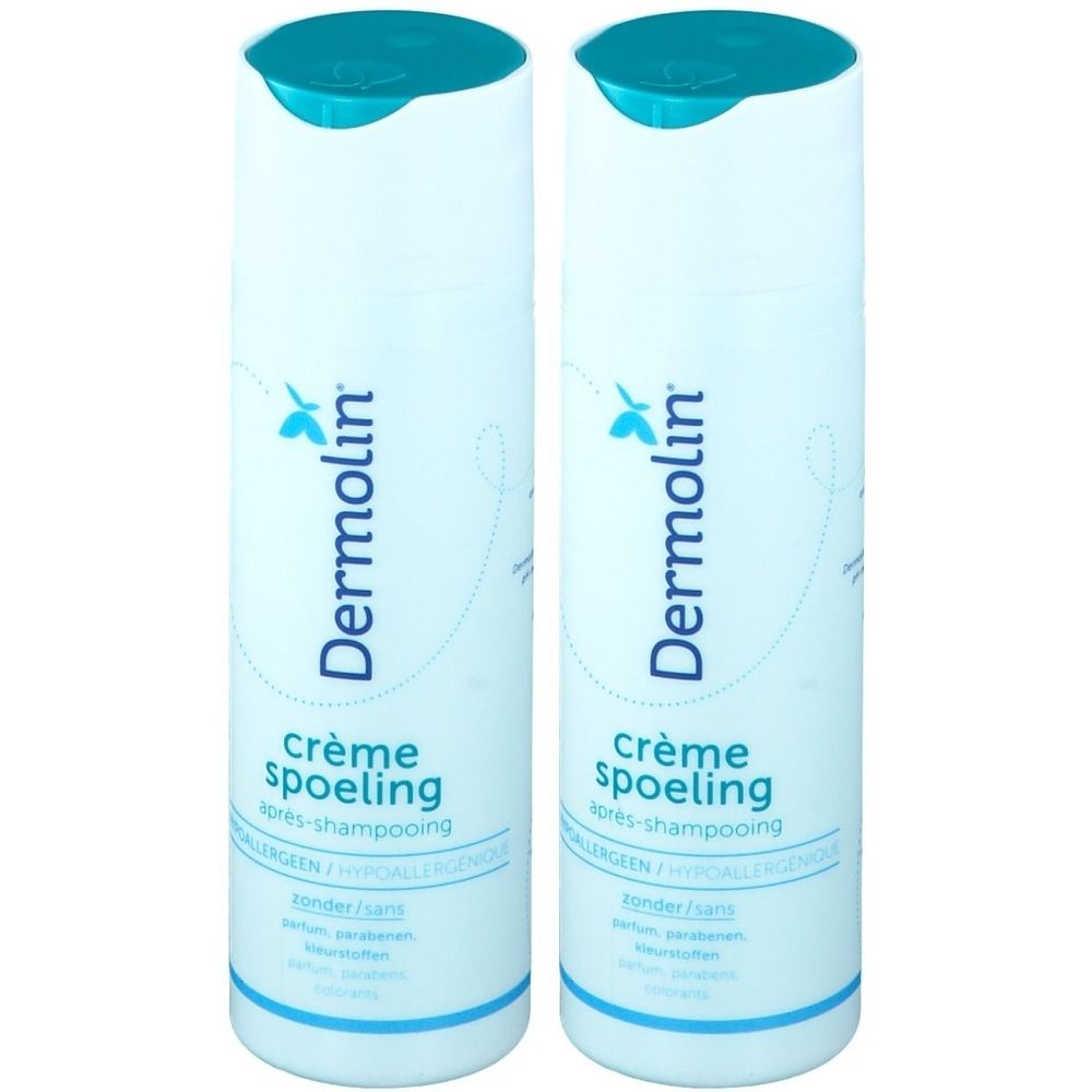 Twee witte flessen met blauwe dop. Opschrift: Dermolin, crème spoeling, après-shampooing. Tekst eronder.