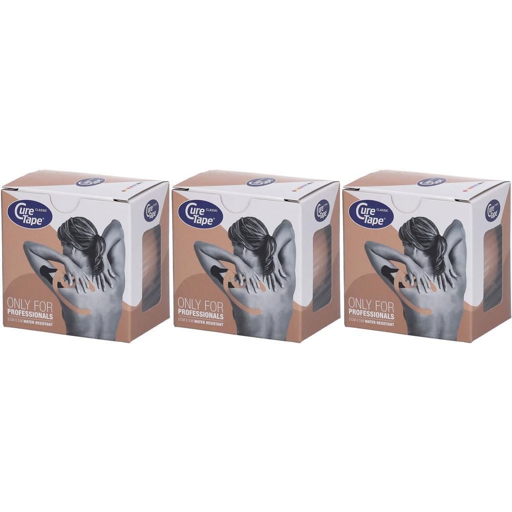 Drie vierkante dozen. Opdruk: Cure Tape, afbeelding van persoon met tape-applicatie. Tekst: ONLY FOR PROFESSIONALS.