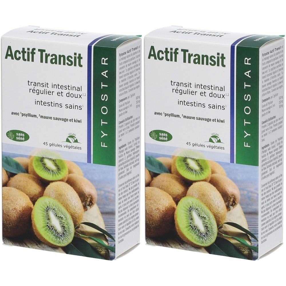 Deux boîtes "Actif Transit" avec des kiwis. Le nom de la marque est FYTOSTAR. Contient 45 gélules végétales.