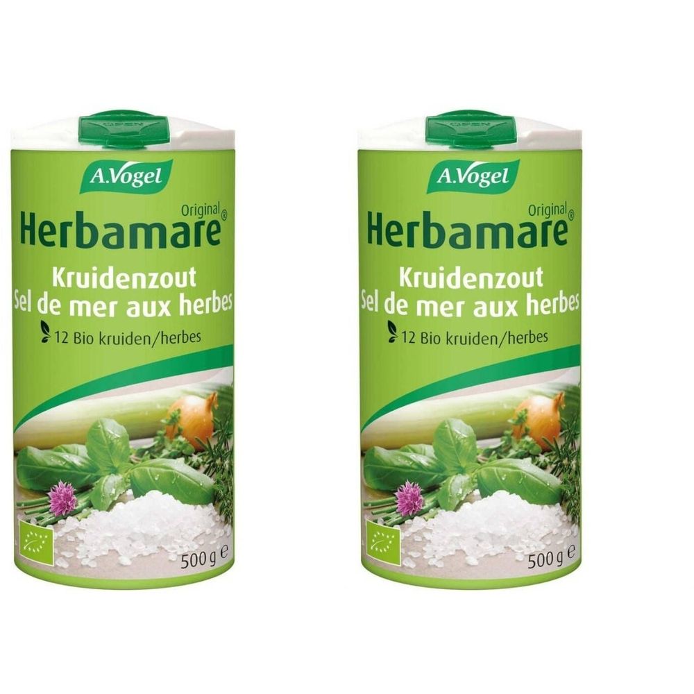 Twee groene potten met Herbamare. Opschrift: Kruidenzout, Sel de mer aux herbes, 12 Bio kruiden/herbes. 500g.