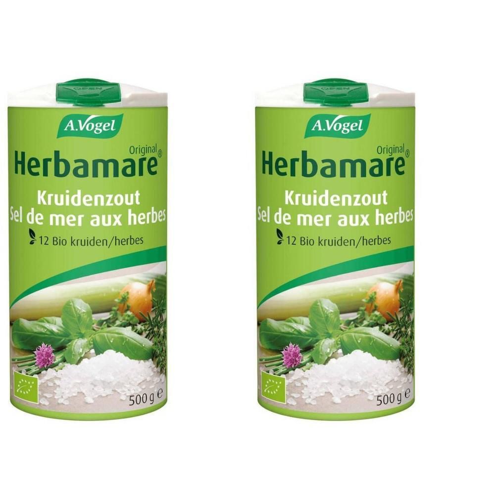 Twee groene potten Herbamare Original. Opschrift: Herbamare, kruidenzout, 12 Bio kruiden. Onder: 500g.