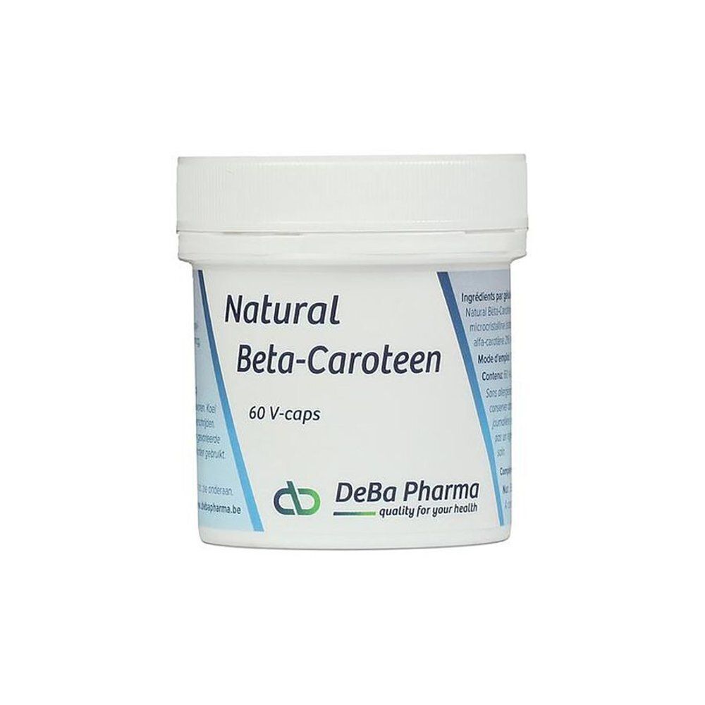 Een potje Natural Beta-Caroteen 7.2mg, 60 V-capsules, van DeBa Pharma.