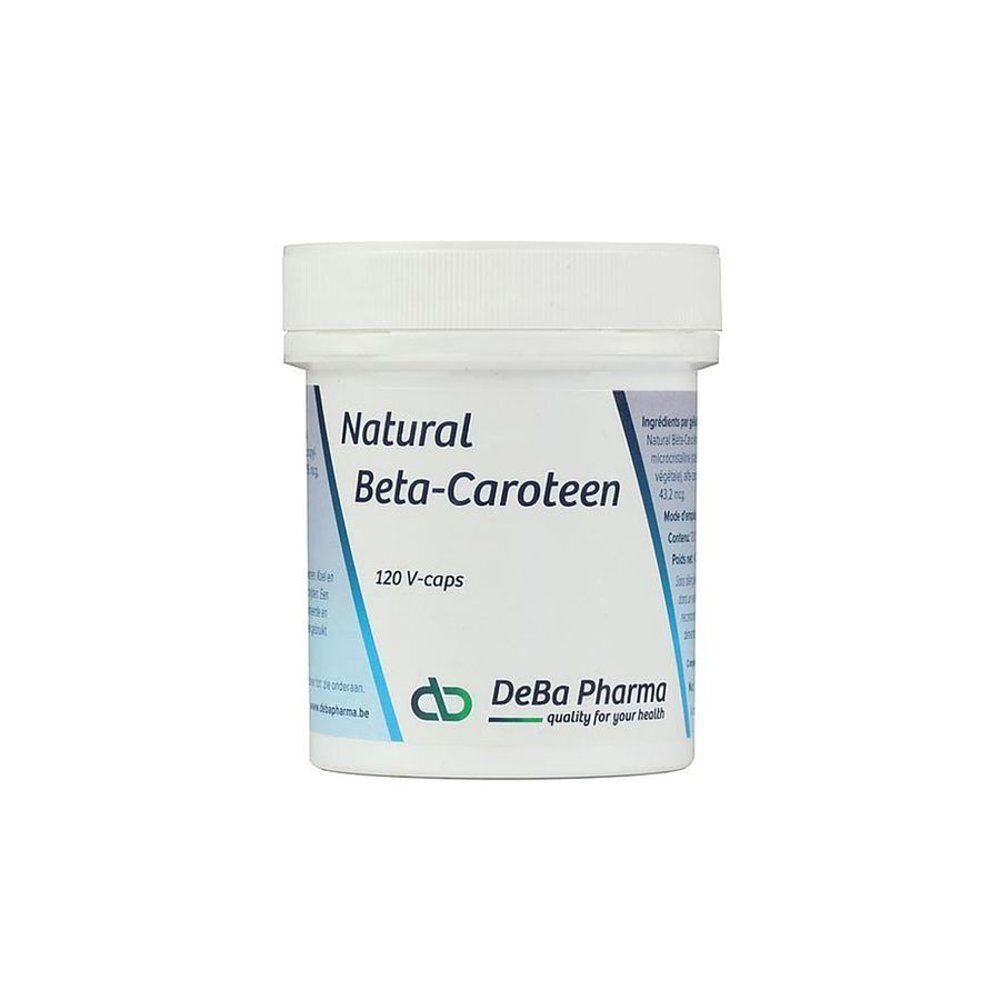 Een potje Natural Beta-Caroteen 7.2mg, 120 V-capsules, van DeBa Pharma.