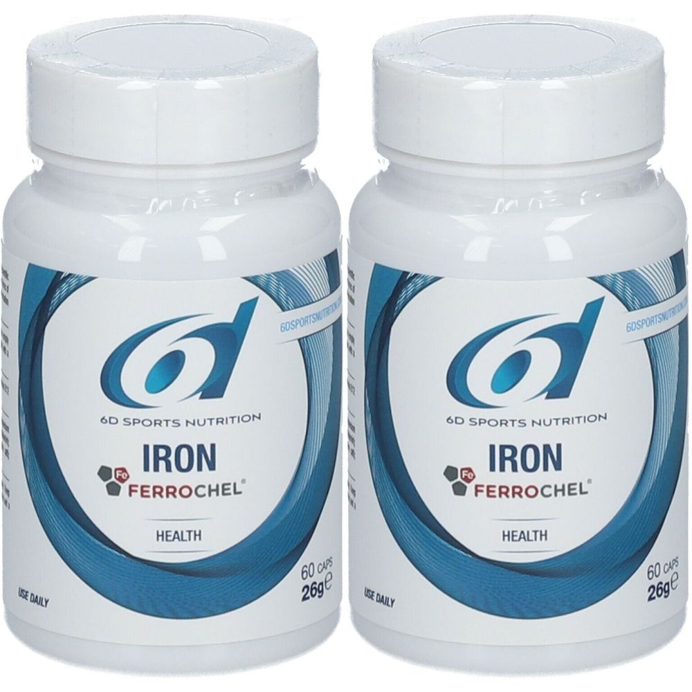 Deux flacons blancs avec étiquettes bleues. Inscription: 6D Sports Nutrition, Iron Ferrochel, Health. Chaque flacon contient 60 gélules.