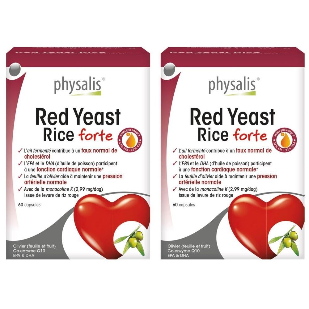 Deux boîtes de Physalis Red Yeast Rice forte. Emballage rouge et blanc avec texte et cœur.