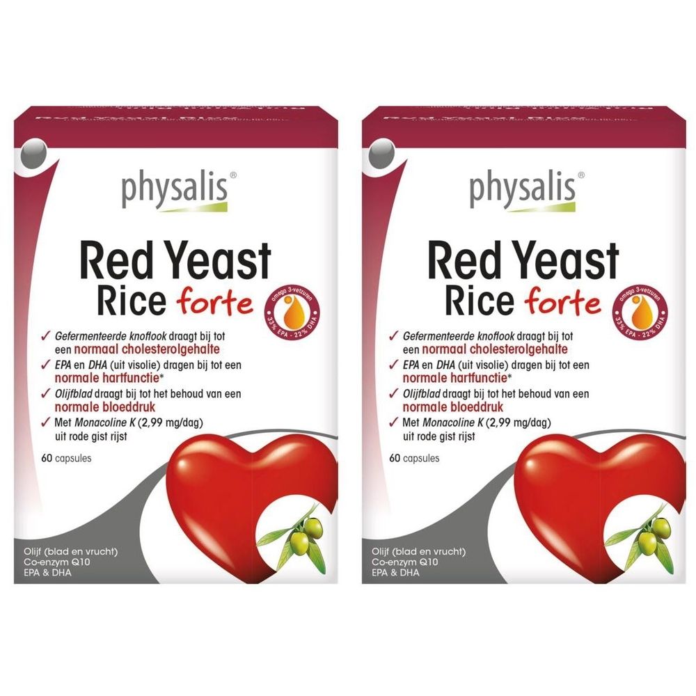 Twee verpakkingen Physalis Red Yeast Rice forte. Rode en witte verpakking met tekst en hart.