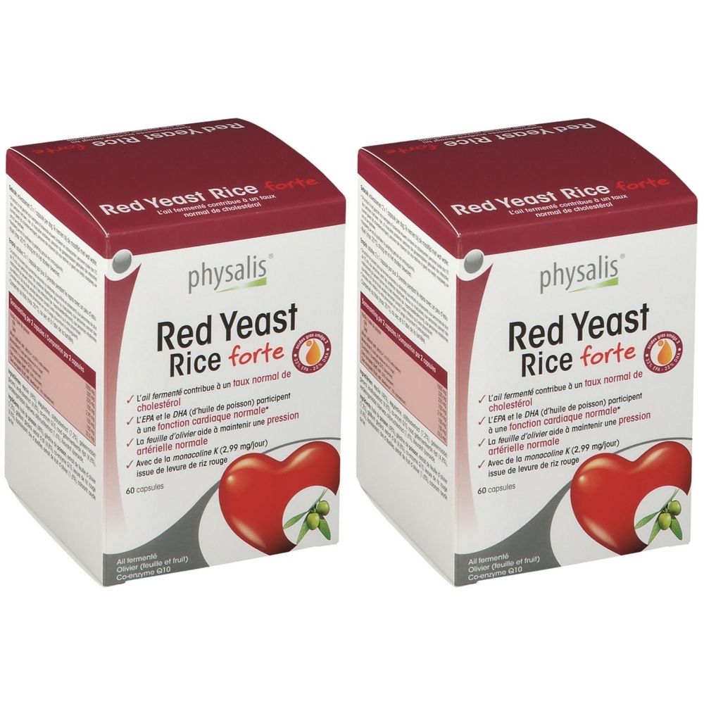 Deux boîtes Physalis Red Yeast Rice forte. Texte rouge. Cœur rouge avec branche d'olivier. 60 capsules.
