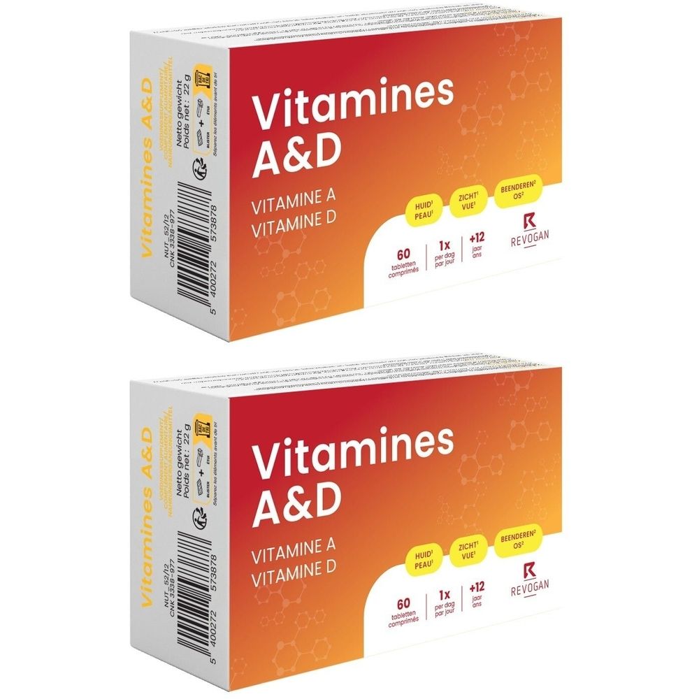 Twee dozen met de tekst "Vitamines A&D". Bevat vitamine A en D. Opschrift "60 tabletten". Merk Revogan.