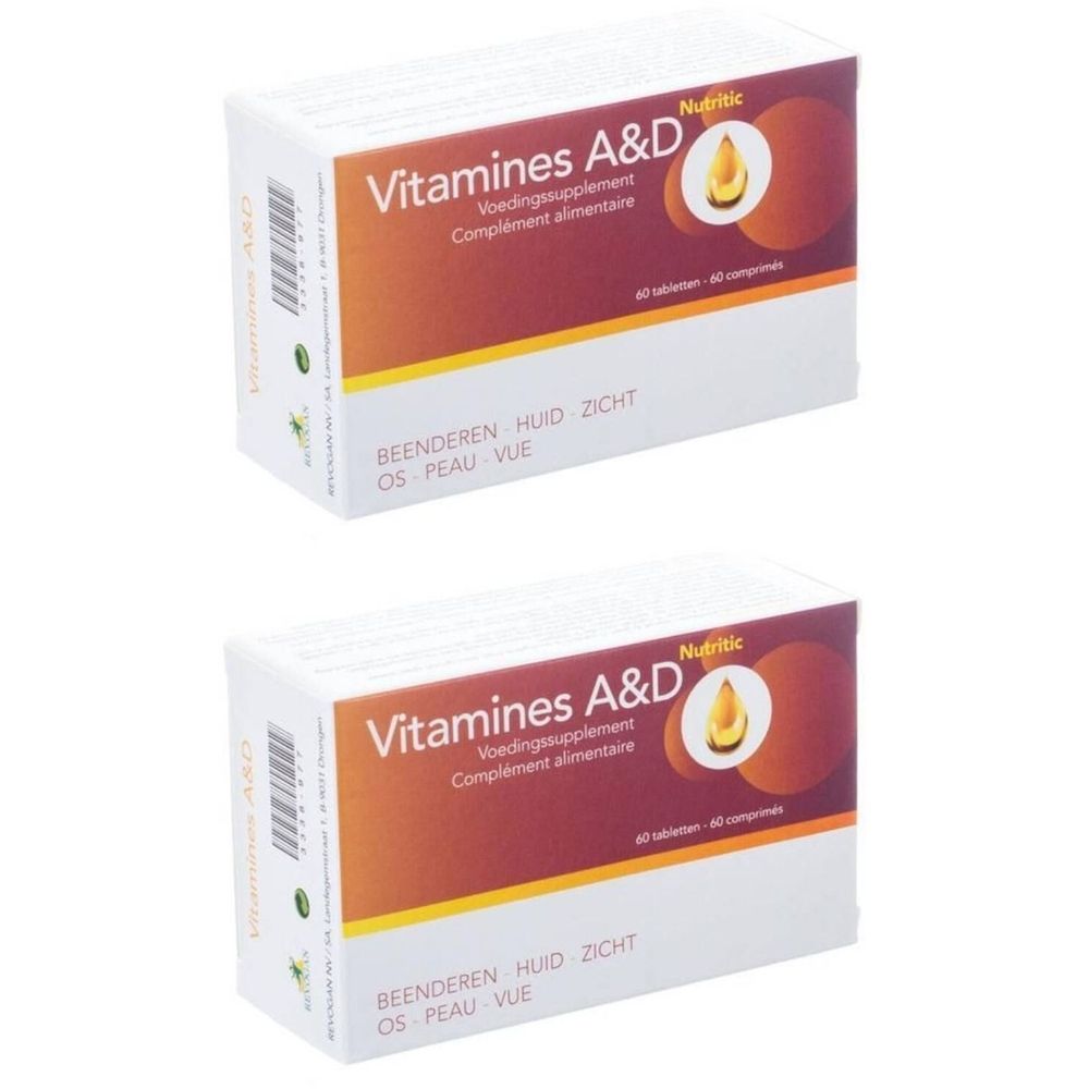 Twee dozen Nutritic Vitamines A&D. Witte verpakking met oranje vlak en productnaam. Bevat 60 tabletten.