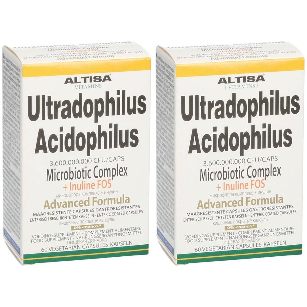 Twee rechthoekige dozen van Altisa® Ultradophilus Acidophilus. Opschrift: Microbiotic Complex + Inuline FOS, 60 capsules.